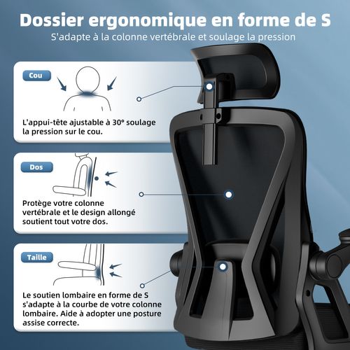 Fauteuil De Bureau, Lombaire Réglable, Appui-tête Et Accoudoirs, Noir