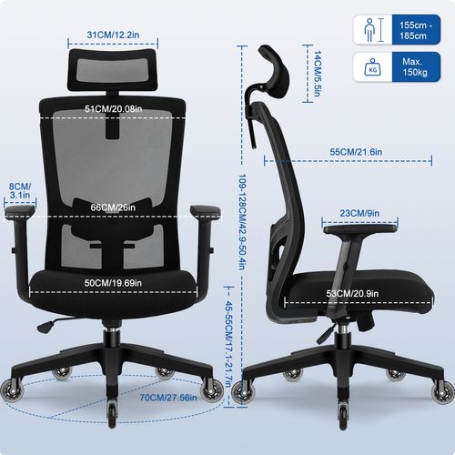 Fauteuil De Bureau, Accoudoirs Réglables, Hauteur Réglable, Noir