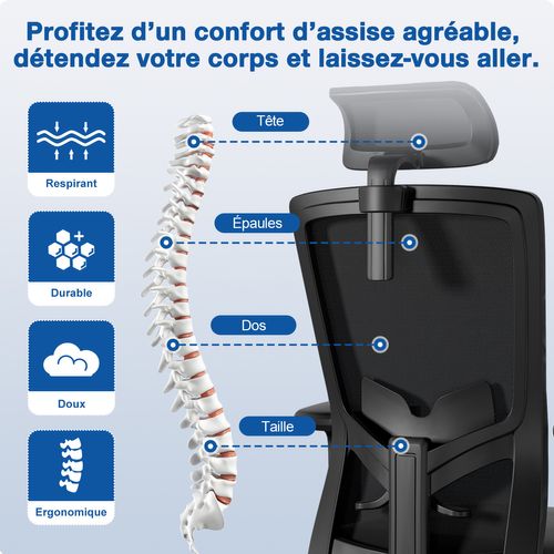 Fauteuil De Bureau, Accoudoirs Réglables, Hauteur Réglable, Noir