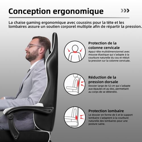 Fauteuil Gaming,chaise Gamer Avec Coussin Lombaire Et Repose-pieds,charge 150kg,noir-blanc