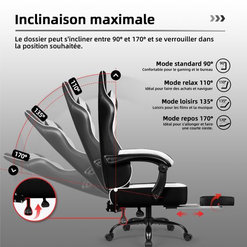 Fauteuil Gaming,chaise Gamer Avec Coussin Lombaire Et Repose-pieds,charge 150kg,noir-blanc