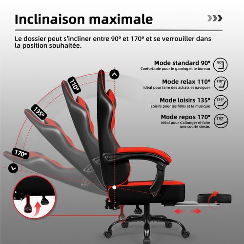 Chaise Gaming ,fauteuil Gamer Inclinable 90°à 170°,charge 150 Kg，noir-rouge