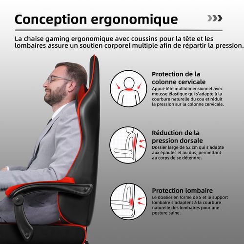 Chaise Gaming ,fauteuil Gamer Inclinable 90°à 170°,charge 150 Kg，noir-rouge