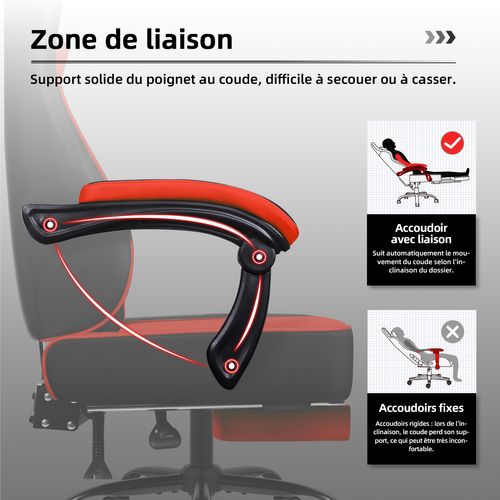 Chaise Gaming ,fauteuil Gamer Inclinable 90°à 170°,charge 150 Kg，noir-rouge