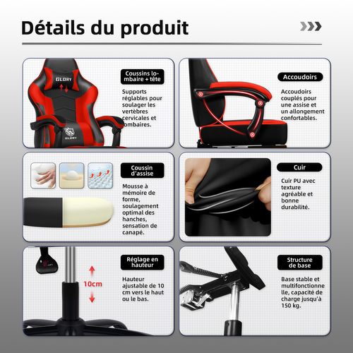 Chaise Gaming ,fauteuil Gamer Inclinable 90°à 170°,charge 150 Kg，noir-rouge