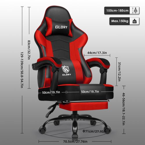 Chaise Gaming ,fauteuil Gamer Inclinable 90°à 170°,charge 150 Kg，noir-rouge