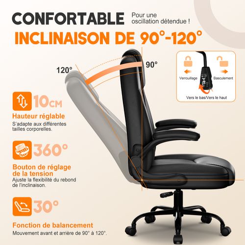 Fauteuil De Bureau, Inclinable 90°à 120°,accoudoirs Pliable,charge 150kg, Noir