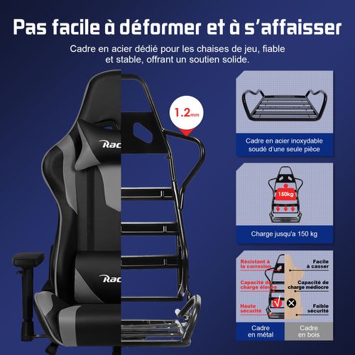 Chaise Gaming, Fauteuil Gaming Inclinable 90° à 165° ,accoudoirs Réglables, Charge 150kg, noir-gris