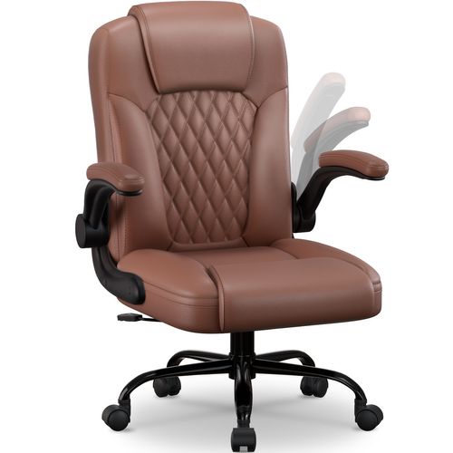 Fauteuil De Bureau En Pu, Inclinable 90°à 120°, Accoudoirs Pliable, Marron
