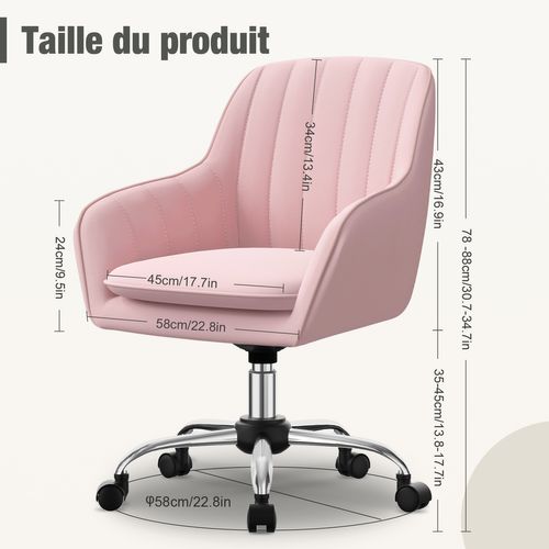 Fauteuil De Bureau En Tissu, Avec Hauteur Réglable, Rotation à 360°, Charge 150kg - Rose