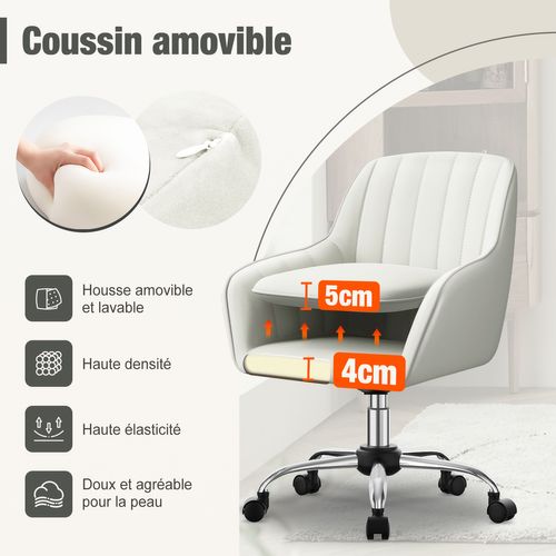 Fauteuil De Bureau En Tissu, Avec Hauteur Réglable, Rotation à 360°, Blanc