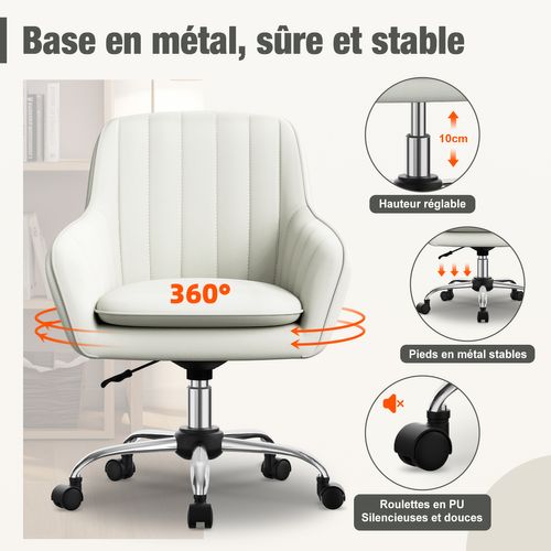 Fauteuil De Bureau En Tissu, Avec Hauteur Réglable, Rotation à 360°, Blanc