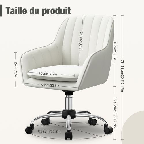Fauteuil De Bureau En Tissu, Avec Hauteur Réglable, Rotation à 360°, Blanc