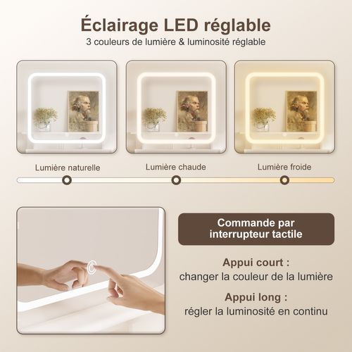 Coiffeuse，avec Miroir LED Réglable Et Tiroirs De Rangement, Pour Chambre Et Maquillage