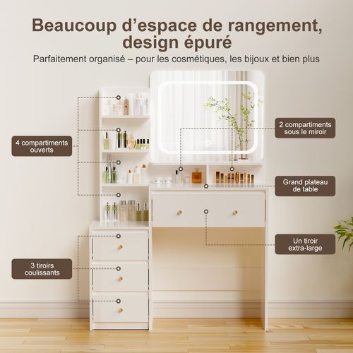 Coiffeuse，avec Miroir LED Réglable Et Tiroirs De Rangement, Pour Chambre Et Maquillage