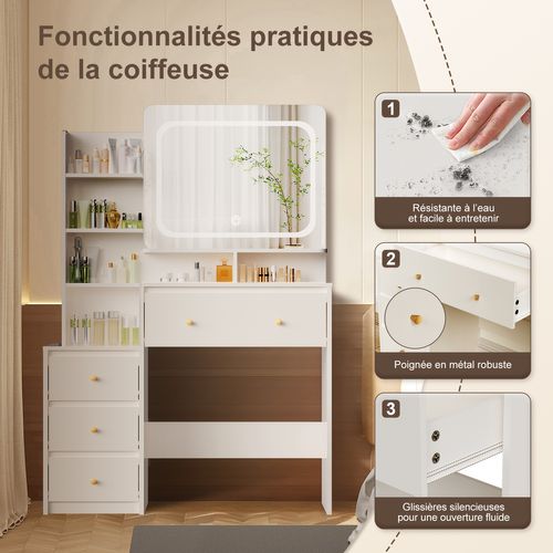 Coiffeuse，avec Miroir LED Réglable Et Tiroirs De Rangement, Pour Chambre Et Maquillage