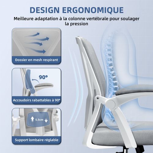 Fauteuil De Bureau ,avec Accoudoirs Pliables,chaise De Bureau, Max 150kg,gris