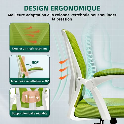 Fauteuil De Bureau ,avec Accoudoirs Pliables,chaise De Bureau, Max 150kg,vert