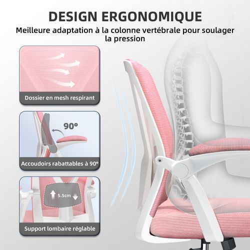 Fauteuil De Bureau ,avec Accoudoirs Pliables,chaise De Bureau, Max 150kg,rose