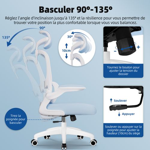 Fauteuil De Bureau, Accoudoirs Pliable, Inclinable, Soutien Lombaire Ergonomique,bleu