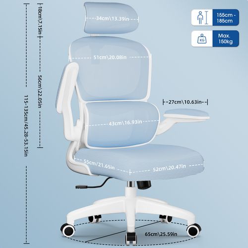 Fauteuil De Bureau, Accoudoirs Pliable, Inclinable, Soutien Lombaire Ergonomique,bleu