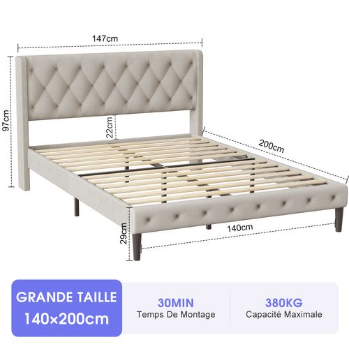 Lit 140x200 Cm, Cadre De Lit，lit Double, Bois + Métal, Support Solide