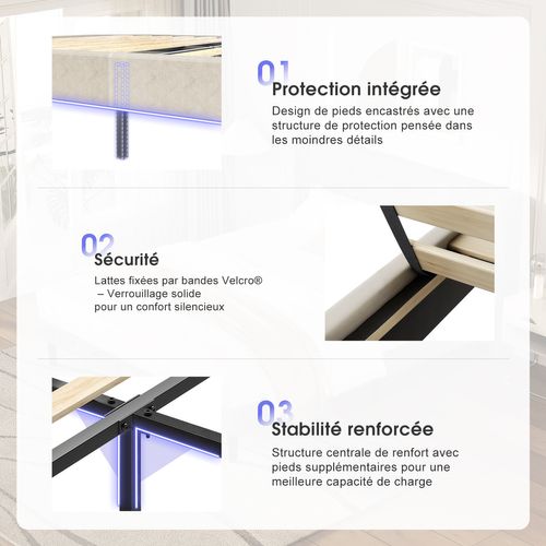 Lit 140x200 Cm, Cadre De Lit，lit Double, Bois + Métal, Support Solide