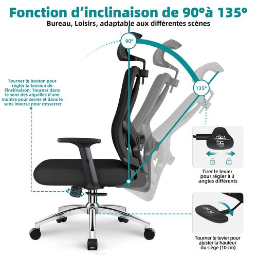 Fauteuil De Bureau, Inclinable Verrouillable De 90° à 135°, Accoudoirs Réglables, Charge 200 Kg