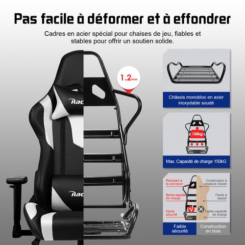 Chaise Gaming, Inclinable 90°à 165°, Accoudoirs Réglables,  Charge 150kg，Noir et blanc