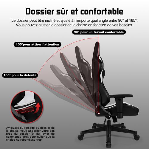 Chaise Gaming, Inclinable 90°à 165°, Accoudoirs Réglables,  Charge 150kg，Noir et blanc