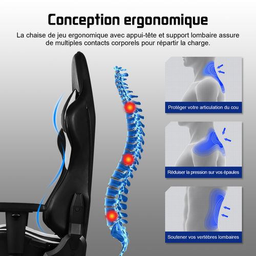 Chaise Gaming, Inclinable 90°à 165°, Accoudoirs Réglables,  Charge 150kg，Noir et blanc