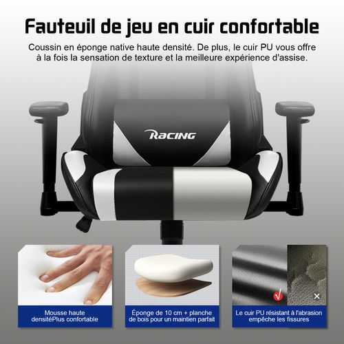 Chaise Gaming, Inclinable 90°à 165°, Accoudoirs Réglables,  Charge 150kg，Noir et blanc
