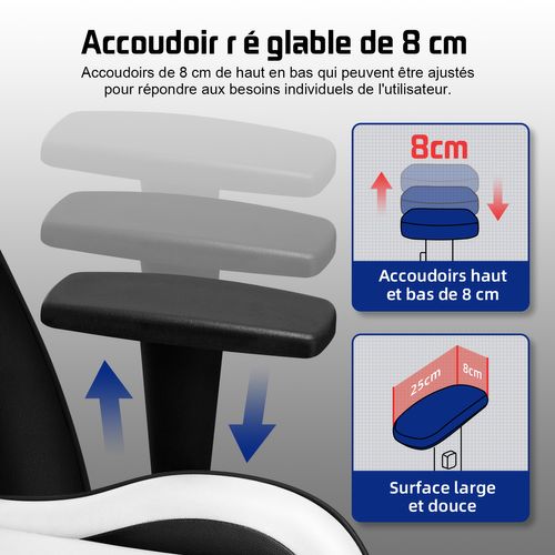 Chaise Gaming, Inclinable 90°à 165°, Accoudoirs Réglables,  Charge 150kg，Noir et blanc