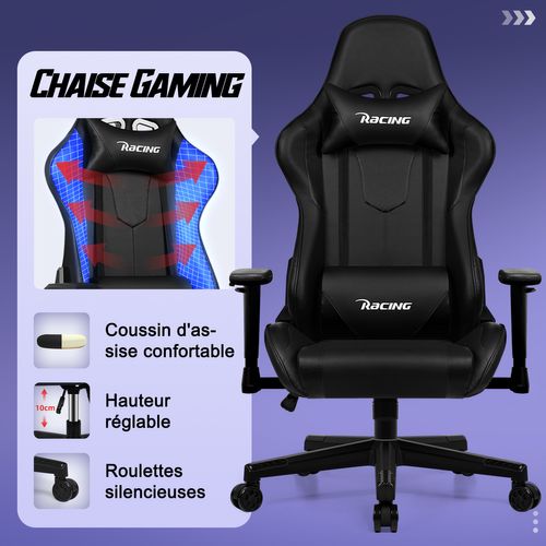 Chaise Gaming , Fauteuil Gamer, Inclinable 90°à 165°, Charge 150 Kg，Noir
