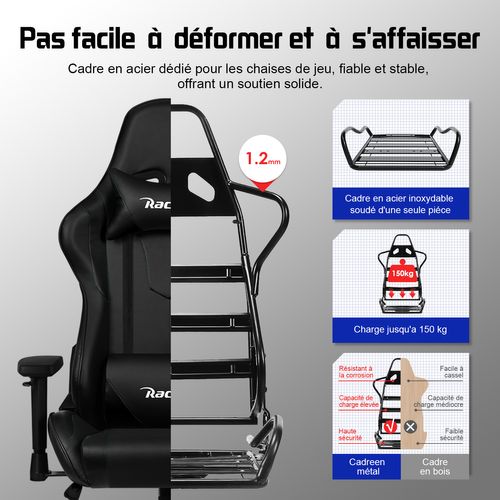 Chaise Gaming , Fauteuil Gamer, Inclinable 90°à 165°, Charge 150 Kg，Noir
