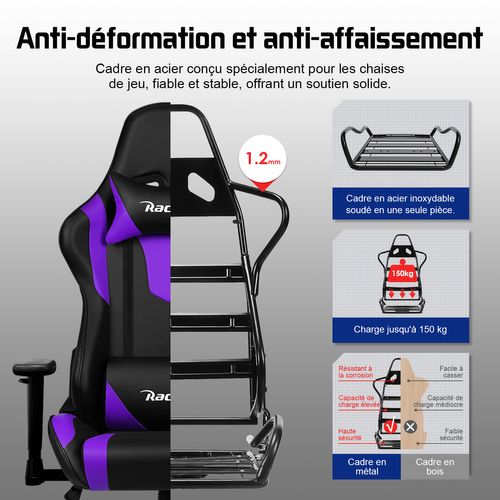 Chaise Gaming ,chaise Gamer Charge 150 Kg, Inclinable 90°à 165°,Noir et violet