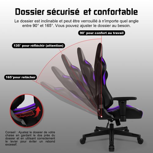 Chaise Gaming ,chaise Gamer Charge 150 Kg, Inclinable 90°à 165°,Noir et violet