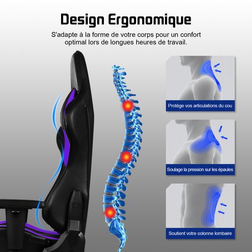 Chaise Gaming ,chaise Gamer Charge 150 Kg, Inclinable 90°à 165°,Noir et violet