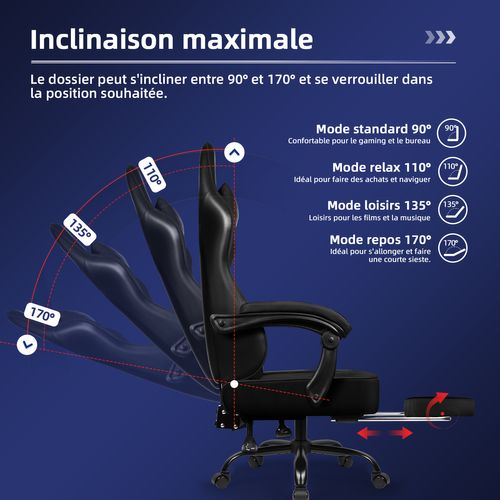 Chaise Gaming, fauteuil Gamer Inclinable De 90° à 170°, Avec Repose-pieds,Charge 150kg,Noir