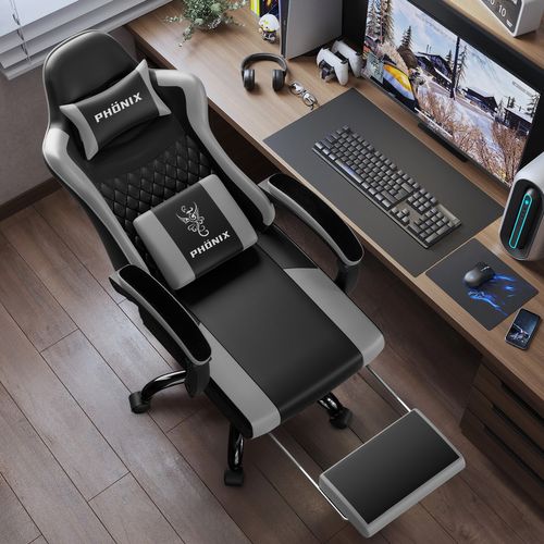 Chaise Gaming, Fauteuil Gamer Inclinable De 90° à 165°, Hauteur Réglable, Confortable - Gris