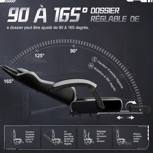 Chaise Gaming, Fauteuil Gamer Inclinable De 90° à 165°, Hauteur Réglable, Confortable - Gris