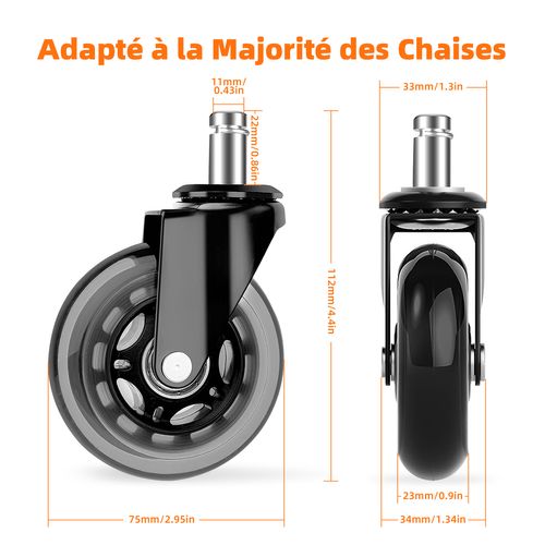 Roulettes Silencieuses , Lot De 5, Roulettes De Remplacement Pour Chaise De Bureau, Rotation à 360°