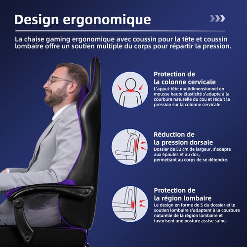 Chaise Gaming,fauteuil Gamer Avec Coussin Lombaire Et Repose-pieds,charge 150kg，Noir et violet