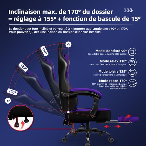 Chaise Gaming,fauteuil Gamer Avec Coussin Lombaire Et Repose-pieds,charge 150kg，Noir et violet
