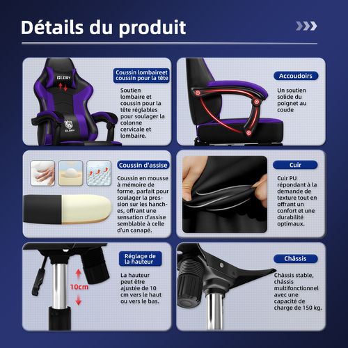 Chaise Gaming,fauteuil Gamer Avec Coussin Lombaire Et Repose-pieds,charge 150kg，Noir et violet