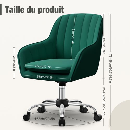 Fauteuil De Bureau, Hauteur Réglable, Rotation à 360°, Charge 150kg，vert