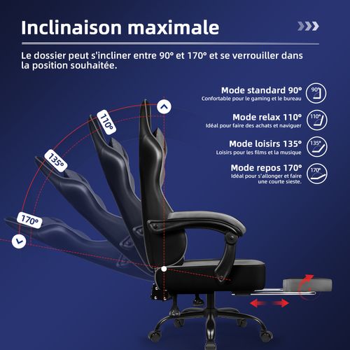 Chaise Gaming,fauteuil Gamer Avec Coussin Lombaire Et Repose-pieds,charge 150kg,noir-gris