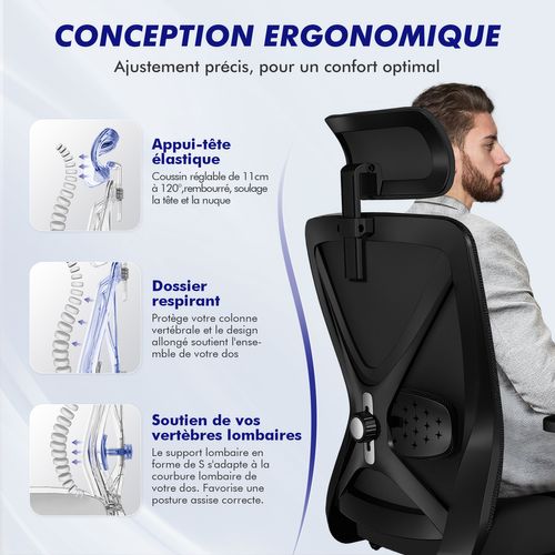 Fauteuil de bureau ergonomique, chaise de bureau avec support lombaire 5D