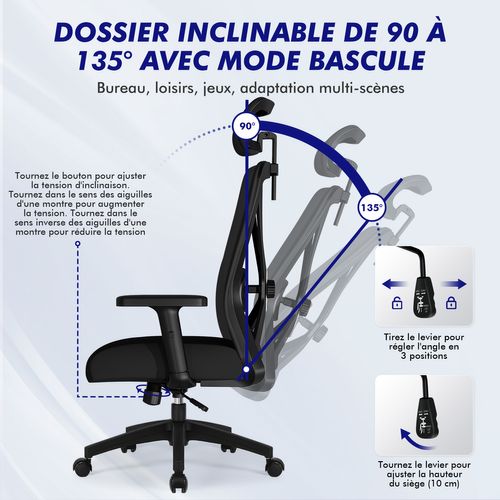 Fauteuil de bureau ergonomique, chaise de bureau avec support lombaire 5D