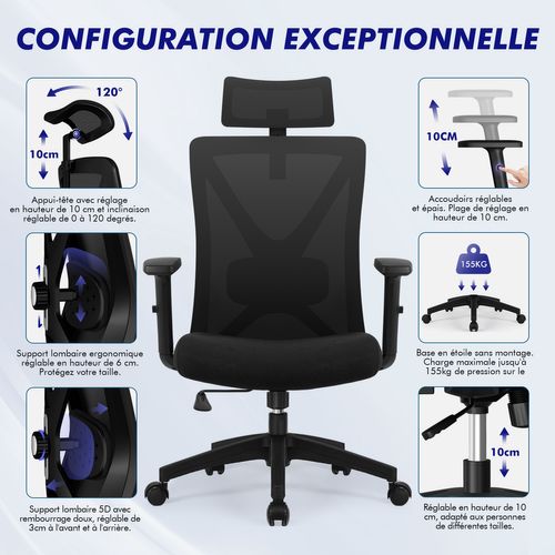 Fauteuil de bureau ergonomique, chaise de bureau avec support lombaire 5D